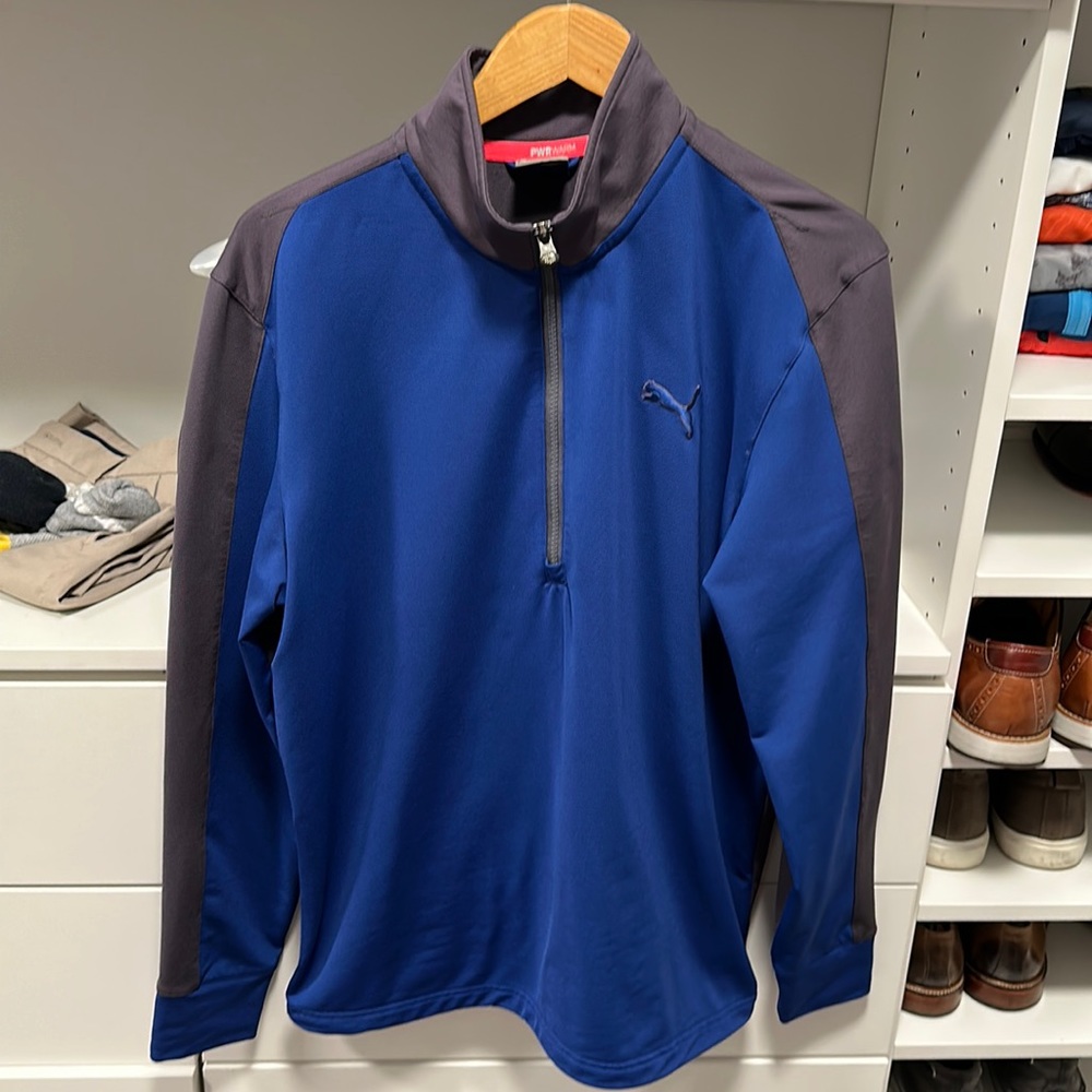 Puma power warm golf half zip. Blue and gray